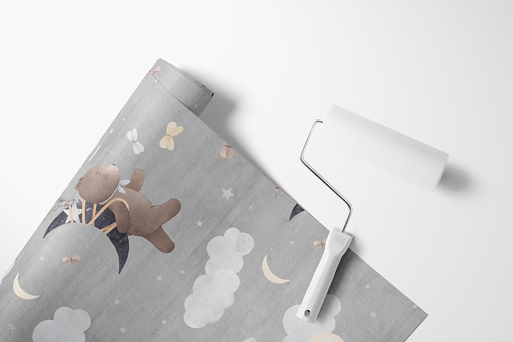 Selbstklebende Tapete Möbelfolie fliegender Teddybär Wolken Mond Sterne | fliegender Teddybär Wolken Mond Sterne Ballons Muster grau Töne traumhaftes Himmel Wanddesign für Kinderzimmer Babyzimmer