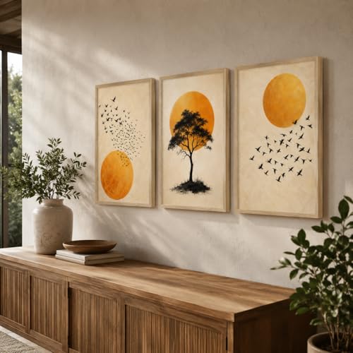 Image of Artify Set of 3 Tree Birds Sun Wall Painting for Living Room Bedroom Hall Office Decor, Premium Wooden Synthetic Frame Nature Artwork Gift