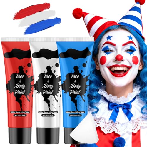 Peinture Faciale Bleu Blanc Rouge, Maquillage Blanc Bleu Rouge Halloween pour Visage Kit, Lavable à l'Eau avec Éponges Incluses, Couleurs Vives, Joker SFX...