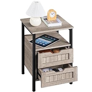 Yaheetech Nightstand with 2 Drawers and Open Shelf, Bedside Table Bedside Cupboard with Adjustable Feet, Wooden Bedside Cabinet Sofa Side Table End Table for Bedroom/Small Space, Gray