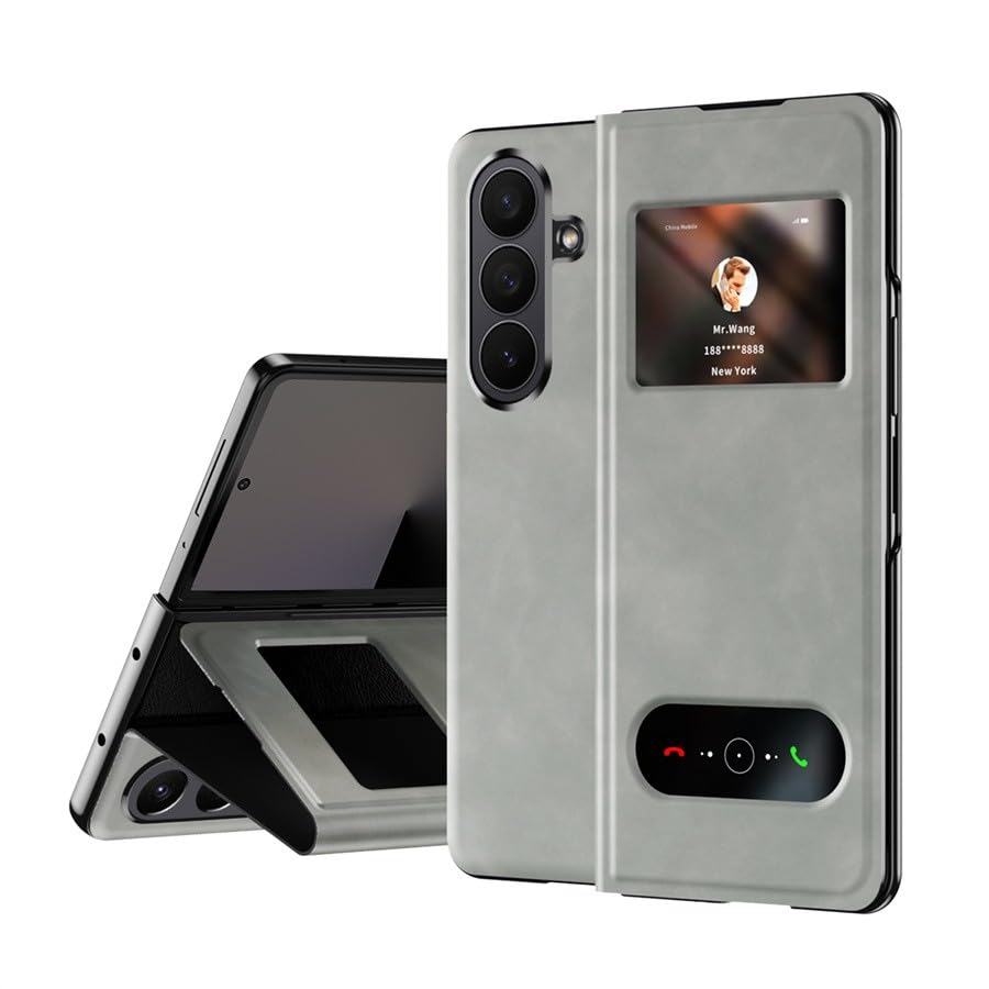 Étui compatible avec Samsung Galaxy Z Fold 7 cuir gris à rabat
