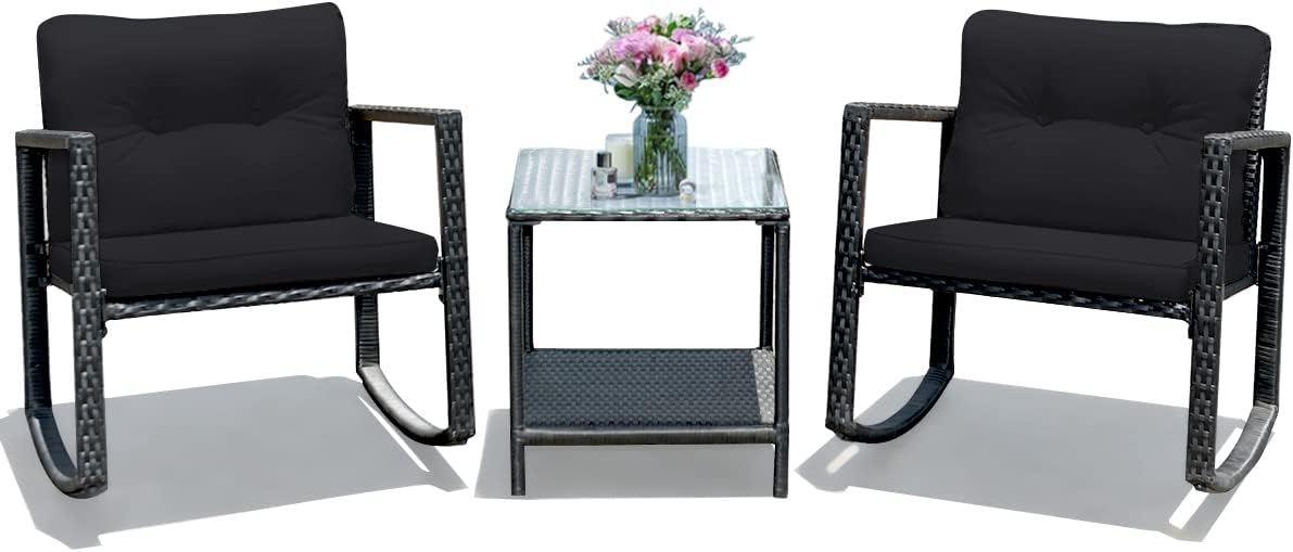 Tangkula 3 Pieces Patio Wicker Rocking Bistro Set, Outdoor Rocking Chair Furniture Set w/Cushioned Seat, Conversation Set w/Glass Coffee Table and Storage Shelf (Black) Tangkula 3 Pieces Patio Wicker Rocking Bistro Set, Outdoor Rocking Chair Furniture Set w/Cushioned Seat, Conversation Set w/Glass Coffee Table and Storage Shelf (Black)