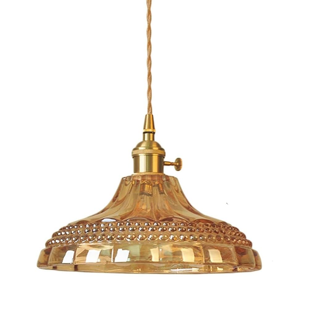 NHPJFDC Retro Mid Century Modern Bedside Pendant Light with Cord 59.1", Amber Crystal Glass Hanging Lamp, Brass Metal Ceiling Fixture, for Dining Room 9.8-Inch Fluted Dome E26