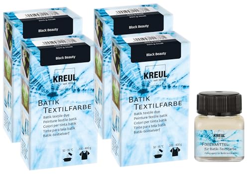 KREUL KREUL-35604-98599, Juego de 4 Colores para retocar «Black Beauty fijador, Tinte para teñir y Hacer Batik en Textiles, Multicolour, 4x 70g + 20 ml
