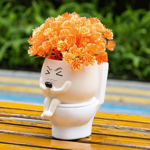 MUZZIOU Smiley Face Planters for Indoor Plants, Cute Head Resin Rocking Chair Plant Pots, Funny Small Pots for Plants with Drainage Hole for Home Decor (Funny Toilet Pot) by MUZZIOU - Used condition - Image 6