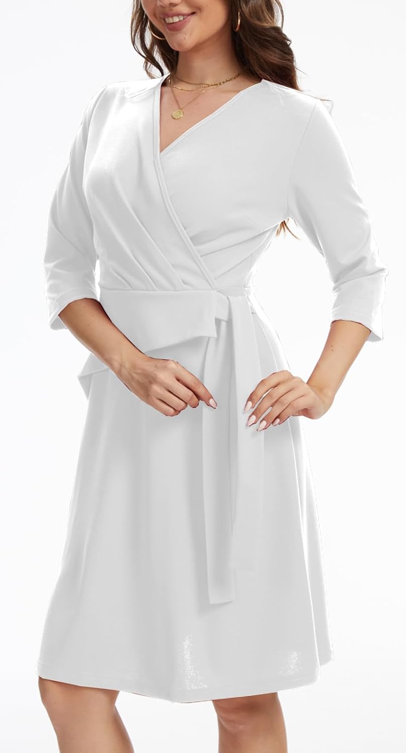 DinyIn Women's Elegant Work Dress V-Neck 3/4 Sleeve Knee Length Belted Waist Business Casual Formal Cocktail Party Dresses - Image 5