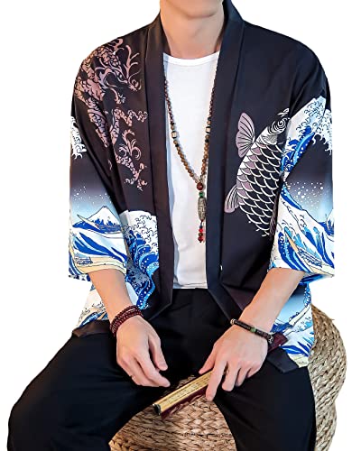 Image of PRIJOUHE Men's Lightweight Kimono Jacket Seven Sleeve Open Front Cardigan Coat Japanese Style Bathrobe