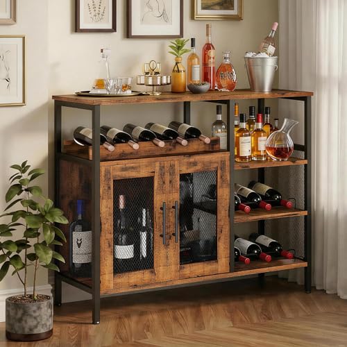 X-cosrack Wine Bar Rack Cabinet with Detachable Wine Rack, Coffee Bar Cabinet with Glass Holder, Small Sideboard and Buffet Cabinet with Mesh Door, Rustic Brown, Large