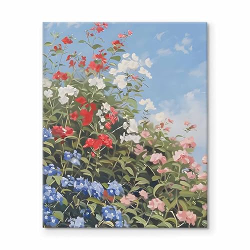 Image of Memorial Day Canvas Wall Art, Red White Blue Flower Pictures Print, Summer Wildflower Bloom Under Blue Sky Poster, Patriotic Memorial Day Floral Framed Art for Farmhouse or Porch Decor 20x24inch