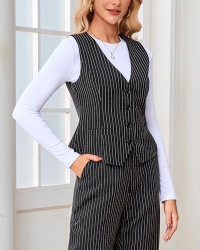 Women's Striped Suit Vest Top V Neck Sleeveless Button Down Business Formal Waistcoat Crop Tank Tops2