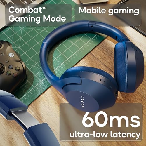 Image of GOBOULT Flex Over Ear Bluetooth Headphones with 80H Playtime, 40mm Bass Drivers, Zen ENC Mic, Type-C Fast Charging, 4 EQ Modes, Bluetooth 5.4, AUX Option, 60ms Low Latency, IPX5 (Blue)