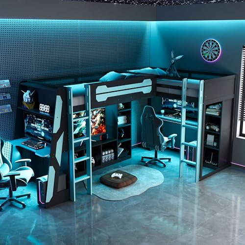 L-Shaped Wood Twin Gaming Loft Bed Frame with RGB LED