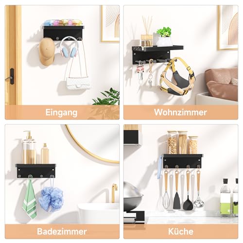 YYBO Hundegarderobe Schlüsselbrett Mit Ablage, Schlüsselhalter Wand, Schlüsselablage Schwarz, Metall Hundeleinen Halterung Wand für Flur, Eingangsbereich, Selbstklebend or Bohren