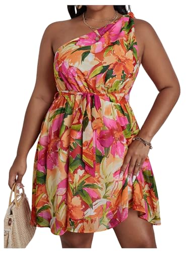 Floerns Women's Plus Size Floral Print One Shoulder Sleeveless Belted A Line Dress4