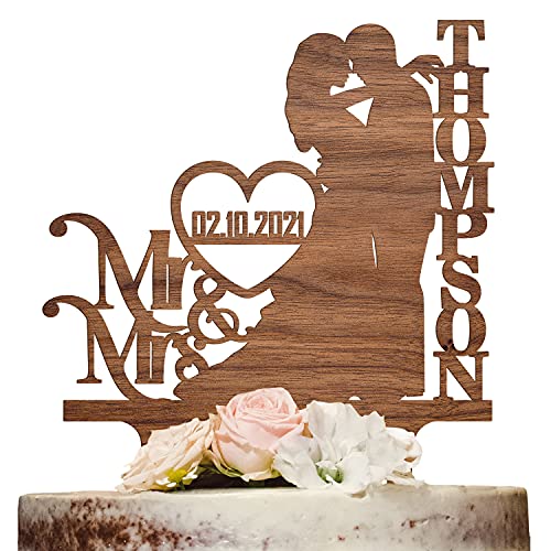 Wedding Cake Topper Personalized w/Mr&Mrs, Last Names & Date, 3 Wooden Colors, Bride & Groom Dancing Symbol, Happy Anniversary Cake Topper for Couples, Engagement, Bridal Shower & Wedding Cake Décor