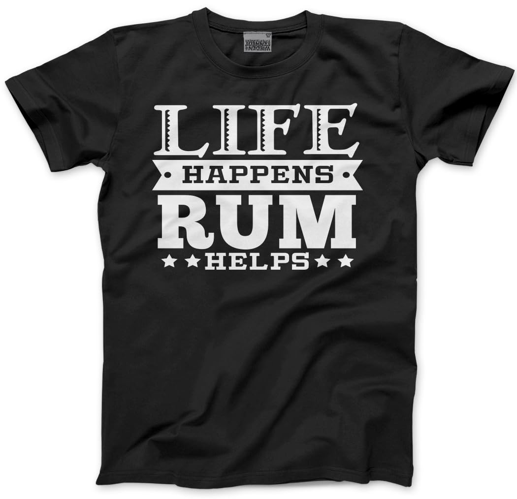 Hotscamp Men's Black Life Happens Rum Helps Unisex T-Shirt - Funny Drink Rum Drinker Rum Lover Bottle Glass - Xl