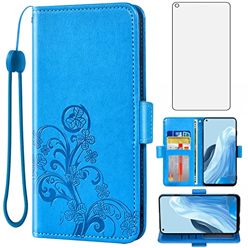 Funda de cuero para OPPO Reno 7 5G ideal para viajar con monedero y cristal azul