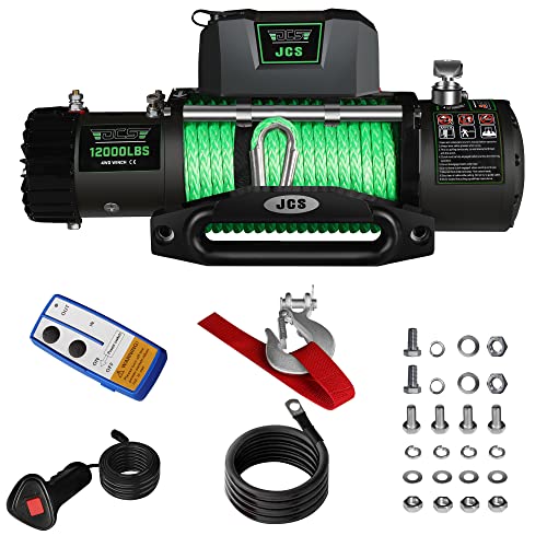 JCS 12000 lb. Electric Winch Load Capacity 12V Winch Synthetic Winch Rope Electric Winch with Hawse Fairlead,Waterproof Winch with Wireless Handheld Remotes and Wired Handle Winch Cover Waterproof