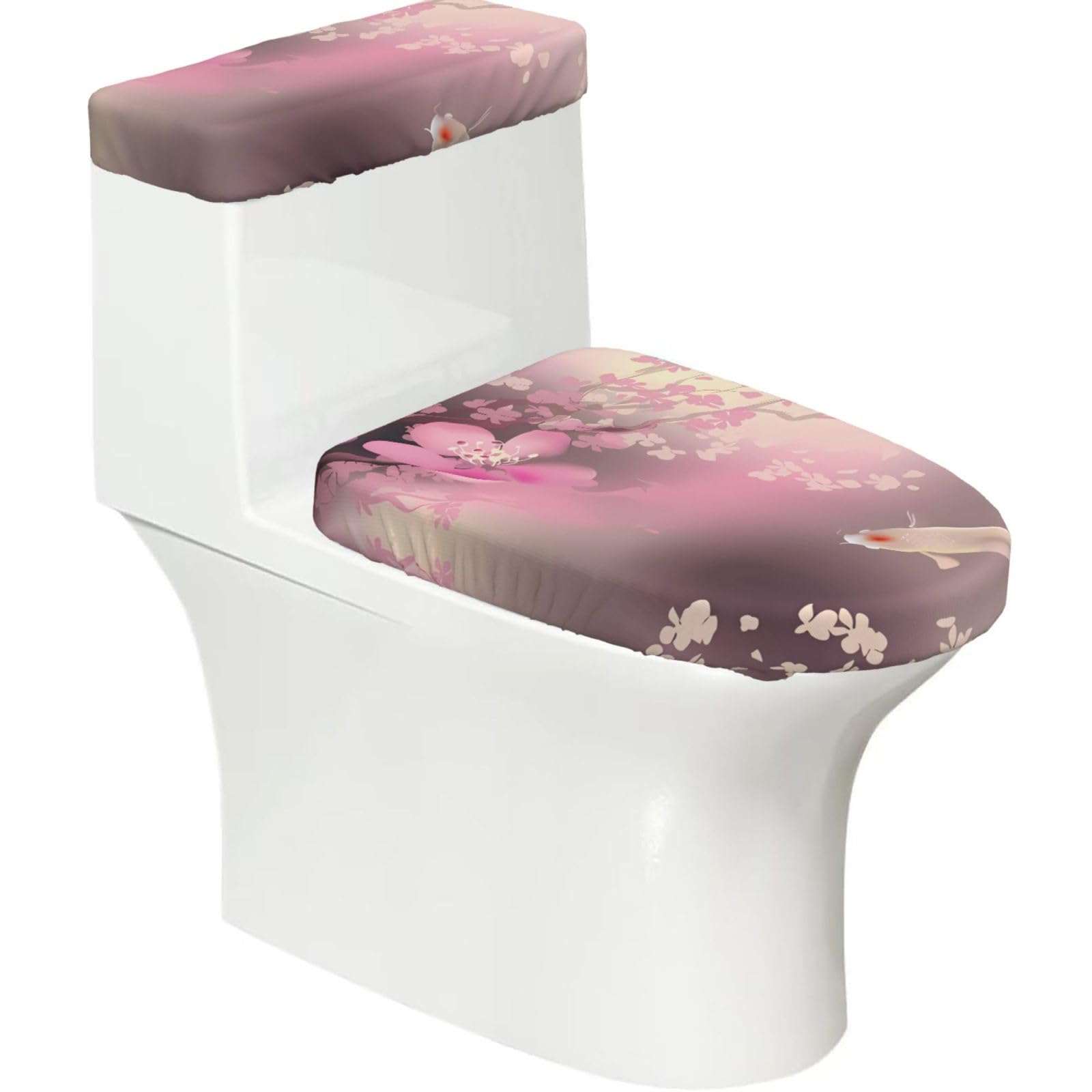 Mrowyc Black Pink Cherry Blossom Red Carp Printed Toilet Seat Set - Set Of 2 - Universal Toilet Seat Cover - Housewarming Birthday Christmas Gift