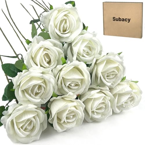 10 PCS Artificial Roses with Stems 50cm Long Fake Roses Silk Flowers Realistic Foam Flowers for Home Wedding Decorations (White) image 3