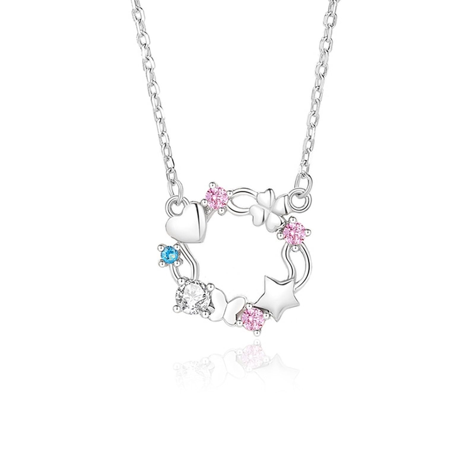 Collar con colgante de corazón para mujer, corona de trébol de mariposa, estrella, corazón, collar delicado para mujer, zafiro creado y topacio moissanita