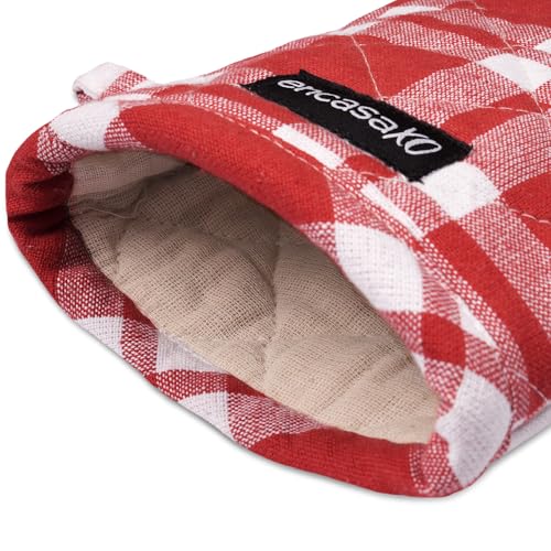 Image of Encasa XO Oven Gloves for Microwave (2 pc Set) - Heat Proof, Thick & Safe | Longer 18x30 cm Mittens for Protection in Kitchen Cooking & Baking - Franca Red Checks