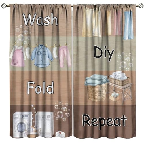 GoDazzling Laundry Room Curtains, Rustic Farmhouse Laundry Wash Wood Wooden Printed Rod Pocket Window Treatment for Bedroom Living Room 41" W X 45" L (No Blackout)
