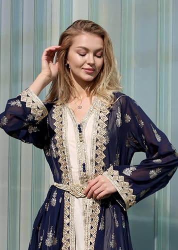 Image of HUSN Embroidered Two-Piece Abaya Set Long Cardigan with Gold Embroidery with Plus Size Inner Slip Kaftan for Eid