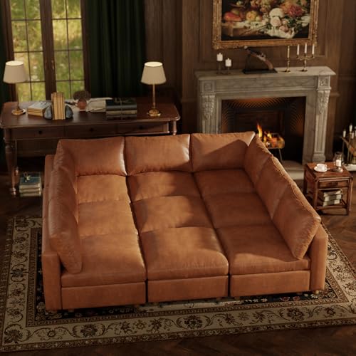 Image of 99'' Faux Leather Modular Sectional Sofa Bed Sleeper with Storage, Oversized Mid Century Modern Leather Sectional Couche for Living Room, 7 Seater Deep Seat Couch with 2 Storage Ottoman, Camel