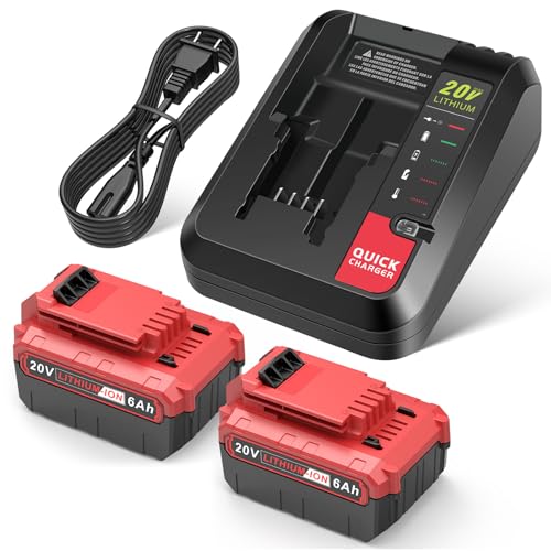 2 Pack 20V MAX Battery and Charger Combo Compatible for Porter Cable 20v Battery PCC680L PCC681L PCC685L 6.0Ah Lithium Replacement Batteries with Fast Charger Compatible with Porter Cable 20V Tools