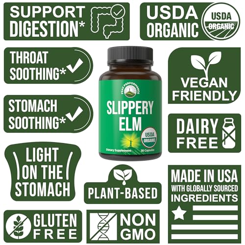 USDA Organic Slippery Elm for Women & Men. Vegan Capsules with Micronized Slippery Elm Bark Powder for Digestion, Bloating Relief, & Gut Lining. Natural Mucilage That Soothes The Throat & Airways