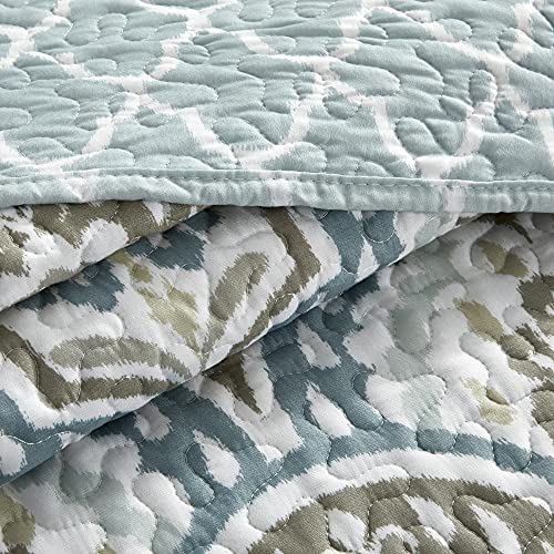 Home Soft Things Tivoli Ikat Queen Size 90" X 90" 5 Piece Teal Aqua Printed Prewashed Quilted Coverlet Bedspread Bed Cover Set For All Season, Lightweight Quilt Blanket With Matching Shams Pillows #TOP6