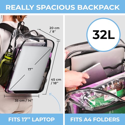 Image of SHYLERO Clear Backpack Heavy Duty has TSA Lock, 2-WAY Zipper. PVC Transparent Backpack X-Large - H18''xW14''xD8 - Black