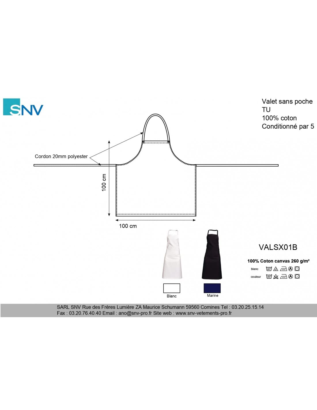 SNV Tablier cuisine lot de 5 bavette coton épais cuisine restaurant service homme femme entretien facile modèle 100x100