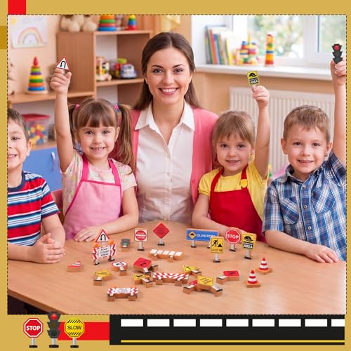 Image of Blosssound Wooden Toys Set for Preschool Classroom - Multicultural Career People Blocks Educational Wooden Play for Kids Learning Toys Play Games Activity Supplies(26 Pcs,Construction Signals)