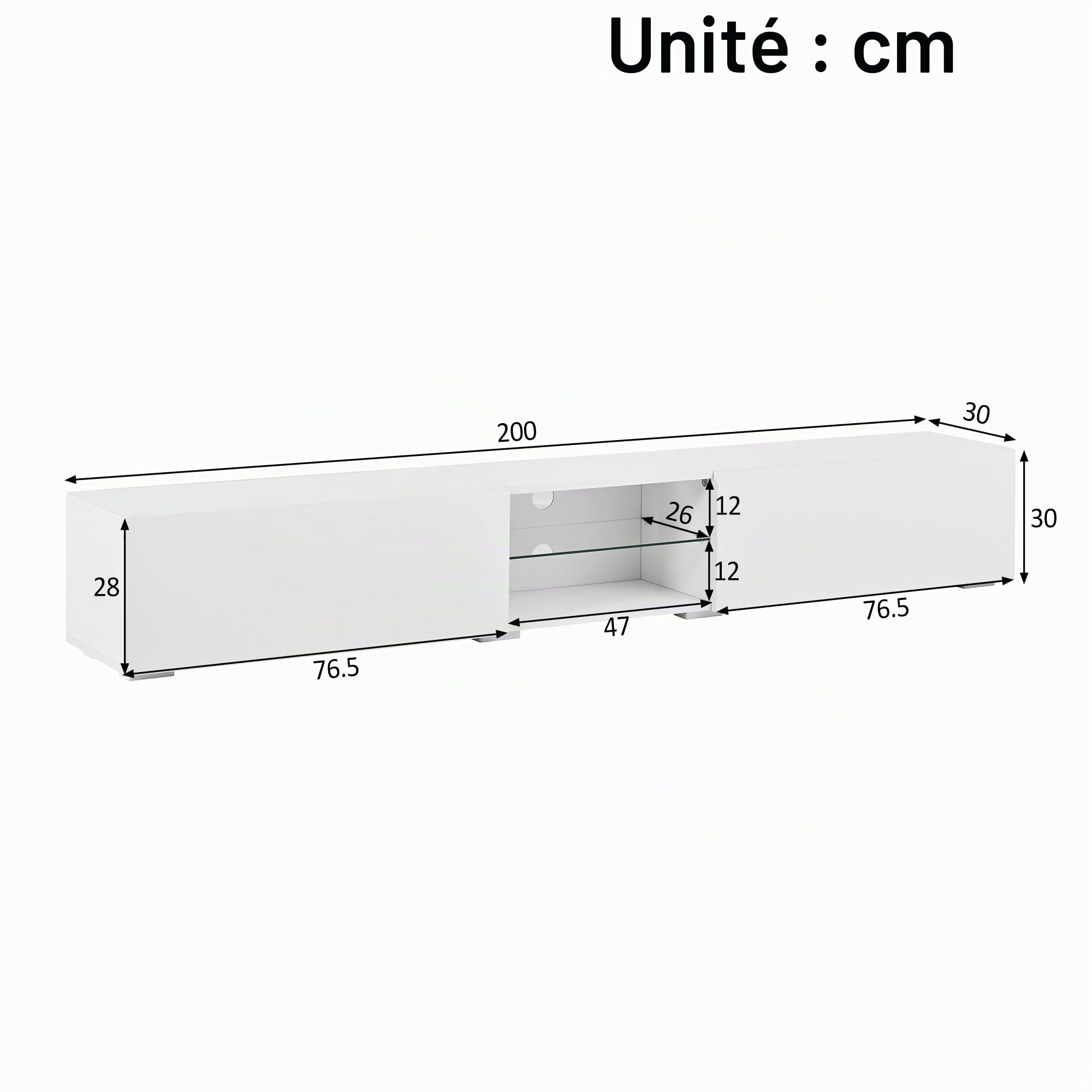 Meuble TV Blanc avec Portes Laquées Brillantes, Meuble TV LED avec Rangement et Étagère Transparente, Meuble Tele avec Éclairage LED, Support pour TV Jusqu’à 50 kg, 200x30x30 cm