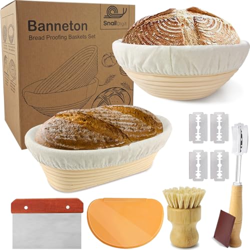Banneton Bread Proofing Basket Set for Sourdough Bread Baking: 23cm Round & 25cm Oval Rattan Proving Bowls with Liner, Bread Lame, Dough Scraper, Brush, Baking Gifts for Professionals and Home Bakers