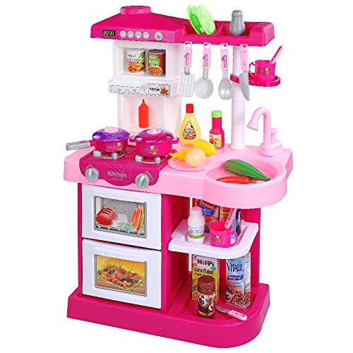 Temi Kitchen Playset Pretend Food - 34 PCS Kitchen Toys for Toddlers, Toy Accessories Set w/ Real Sounds and Light, Suitable Height (Pink)