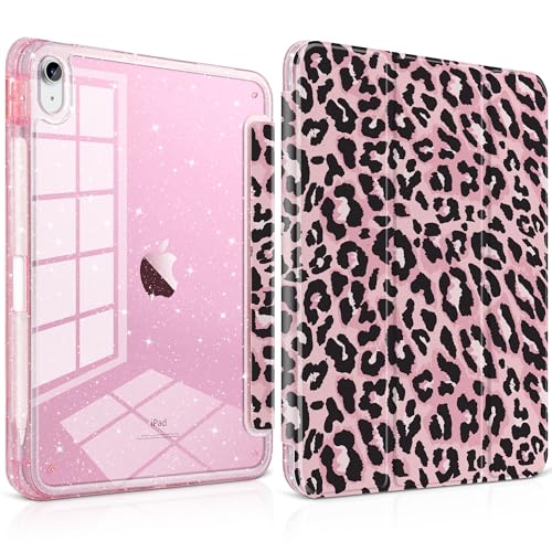 TWOLSKOO Sparkly Case for iPad 11th Gen 11" 2025 (A16) & iPad 10th Gen 10.9" 2022, Glitter Hard Acrylic Back with Pencil Holder, Slim Trifold Stand Folio Cover, Auto Sleep/Wake, Pink Leopard
