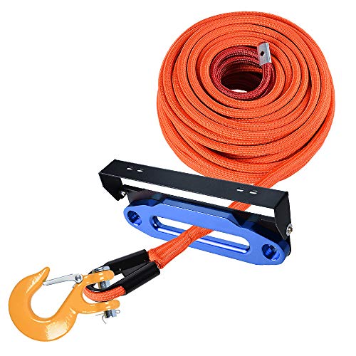 Set 95ft x 3/8 inch (range Synthetic Winch Rope Cable 22000LBs with all Rock Guard with Yellow Clevis Winch Hook with Blue 1 0 inch (awse Fairlead and Flip-Up 254mm Winch Fairlead License Plate Holder