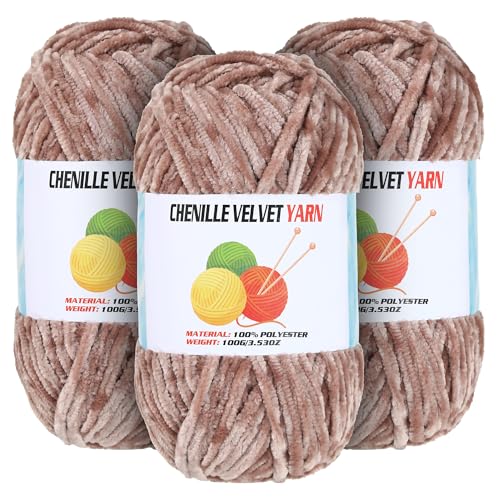 Image of 3 * 100g Velvet Chenille Chunky Yarn for Crocheting, Handcrafts Weaving Soft Chenille Yarn for Crocheting Clearance, Used for Making Baby Yarns Blanket, Clothes, Knitting Creations (Camel)