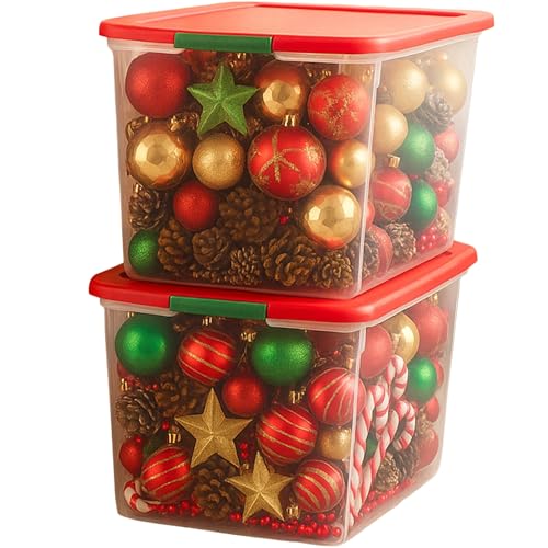 HOMZ 2 Pack Secure Latch, Clear Plastic Storage Organizer Bins, 64 Quart, Red Lid - Stackable...