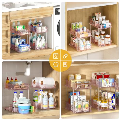 Image of Delamu 2-Tier Under Sink Organizers and Storage, Multi-Purpose Stackable Bathroom Cabinet organizers, Pull Out Kitchen Pantry Organization and Storage with Dividers(2 Pack, Pink)