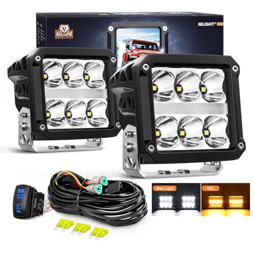 Image of Nilight LED Pod Lights with Amber DRL 4 Inch 60 W Square 6487 LM Super Spot Light w / 16 AWG Wiring Harness Kit for Auxiliary Offroad Driving LED Work Lights for Truck UTV ATV SUV 4x4 Jeep