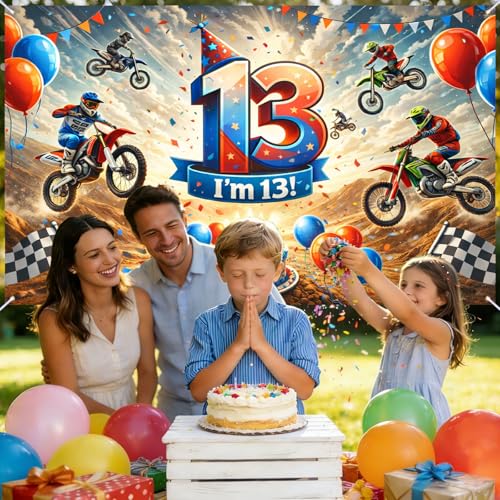 Image of Nuxovilar Happy 13th Birthday Banner Yard Sign 71 inchx43in Polyester Backdrop | Celebrate Party Supplies, Celebration Decor. Dirt Bike Birthday Party Decorations. Yard, Garage, Room. (Dirt Bike 13th)