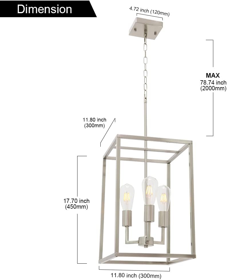 VINLUZ 3 Light Classic Indoor Chandelier Brushed Nickel Finish Foyer Lantern Pendant Lighting for Hallway Kitchen Dining Room