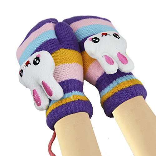 Cute Cartoon Animal Rabbit Toddler Kids Knitted Wool Magic Gloves Girls Boys Warm Thick Fleece Lined Winter Gloves with String Children Baby Outdoor Windproof Ski Thermal Gloves Cable Mittens Gift