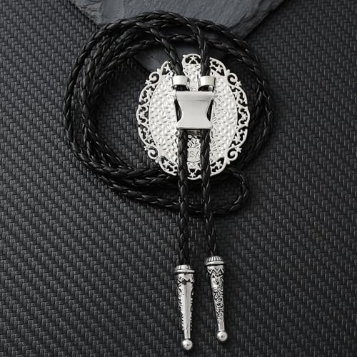 Image of Jeilwiy Bolo Tie for Men Real Stone Westwern Cowboy Ties Silver Bolos Women Leather Necktie Gift for Birthday Christmas