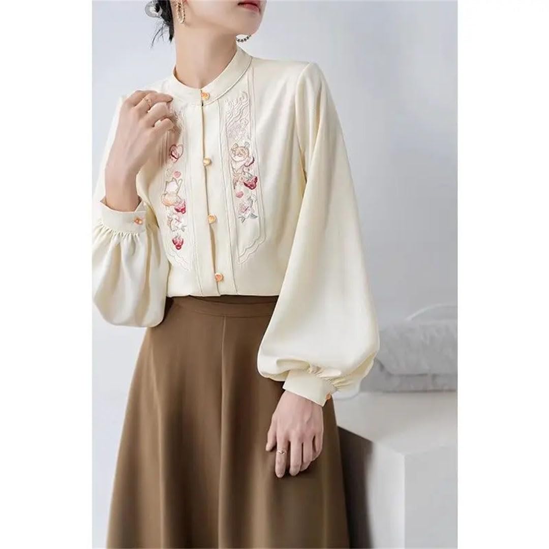 Camisa de manga larga con cuello redondo para mujer, bordada, con botones, vintage, elegante
