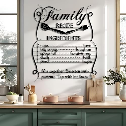 Family Recipe Metal Wall Art, Kitchen Metal Wall Decor, Funny Kitchen Wall Art, Recipe for Family Happiness Wall Hanging, Kitchen Quotes Wall Sculpture, Dining Room Decor (Black, 19'x16'/47x40cm)